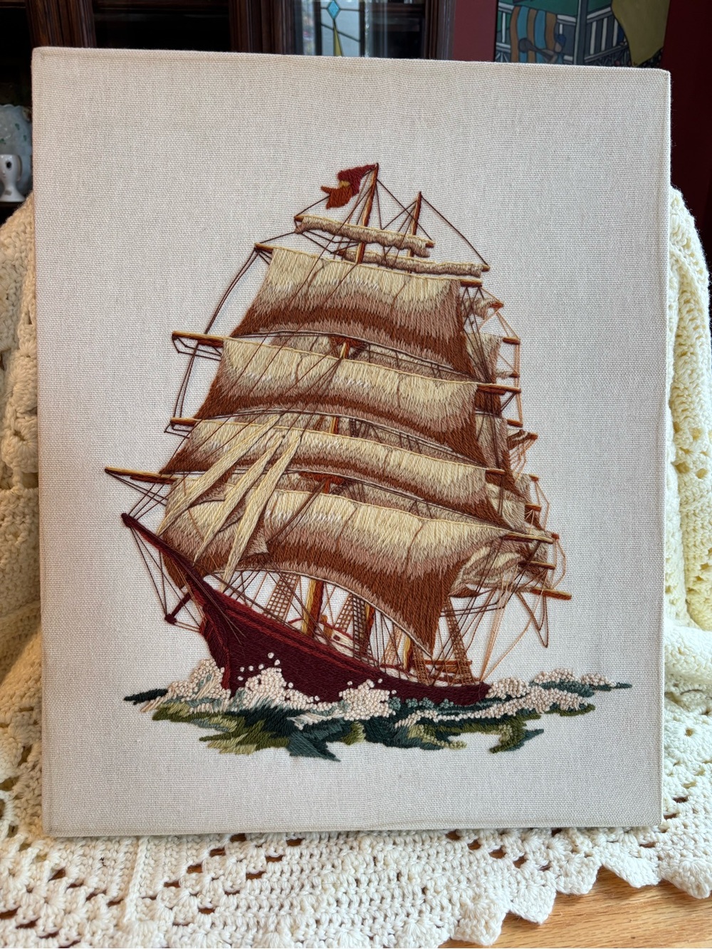 Vintage Embroidered Sailing Ship Wall Art